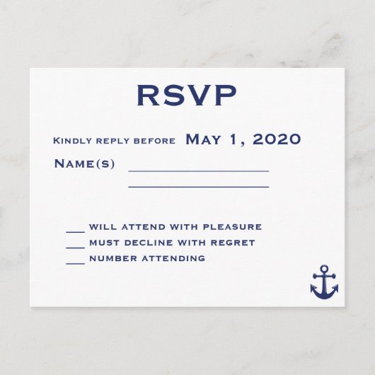 Navy Blue Nautical Wedding RSVP Briefkaart (Voorkant)