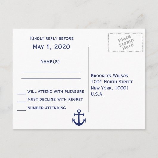 Navy Blue Nautical Wedding RSVP Briefkaart (Achterkant)