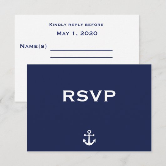 Navy Blue Nautical Wedding RSVP Kaart met Anchor (Voorkant / Achterkant)