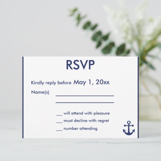 Navy Blue Nautical Wedding RSVP Kaarten Blue Ancho (Staand voorkant)