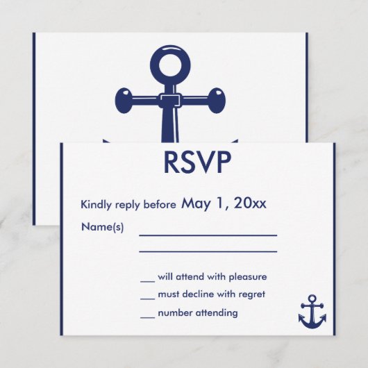 Navy Blue Nautical Wedding RSVP Kaarten Blue Ancho (Voorkant / Achterkant)