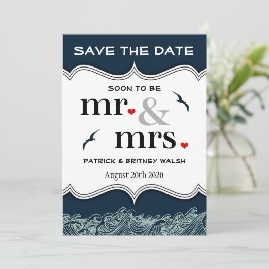 Navy Blue Nautical Wedding Save the Date Cards (Staand voorkant)