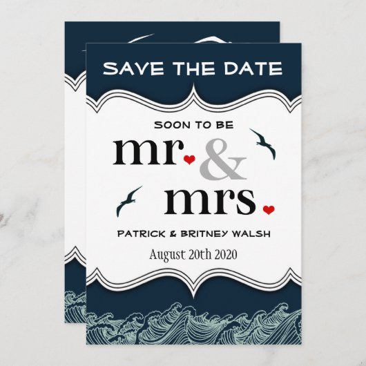 Navy Blue Nautical Wedding Save the Date Cards (Voorkant / Achterkant)