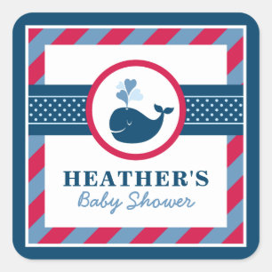 Navy Blue Nautical Whale Baby Boy Shower Red Vierkante Sticker