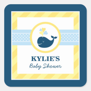Navy Blue Nautical Whale Baby Jongen Douche Geel Vierkante Sticker