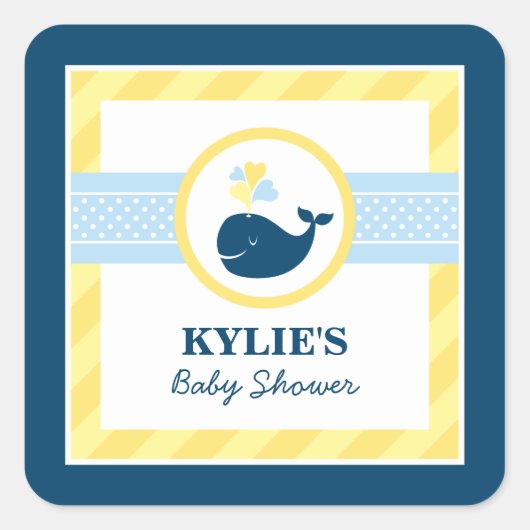 Navy Blue Nautical Whale Baby Jongen Douche Geel Vierkante Sticker (Voorkant)