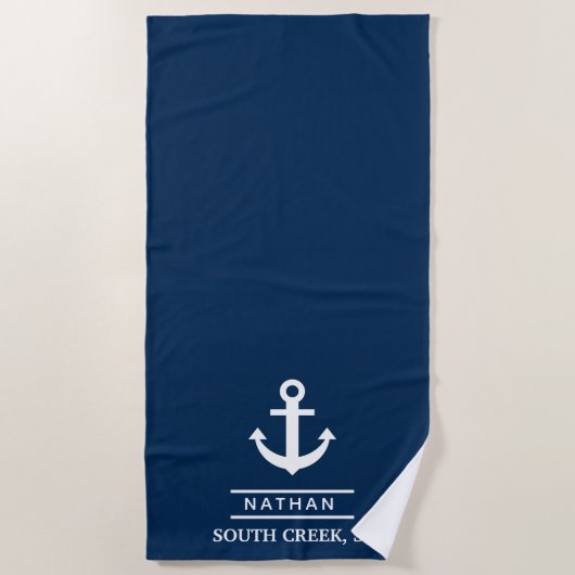 Navy Blue nautische anker aangepaste monogram naam Strandlaken (Voorkant)