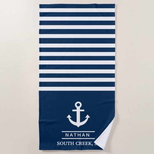 Navy Blue nautische anker aangepaste monogram naam Strandlaken (Voorkant)