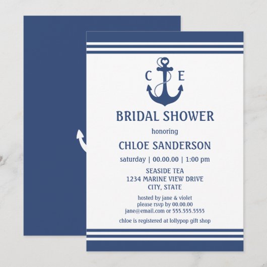 Navy Blue nautische bruids douche uitnodigingen (Voorkant / Achterkant)