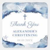 Navy Blue nautische doop dank u met kruis Vierkante Sticker (Voorkant)