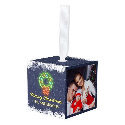 Navy Blue Neon Snowflake kerstfeestdag 2 Foto Decoratie (Voorkant hoekig)