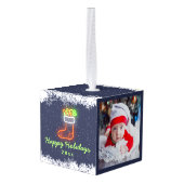 Navy Blue Neon Snowflake kerstfeestdag 2 Foto Decoratie (Achter hoekig)