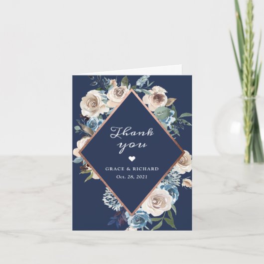 Navy Blue Neutral Floral Roos Gold Wedding Bedankkaart (Voorkant)