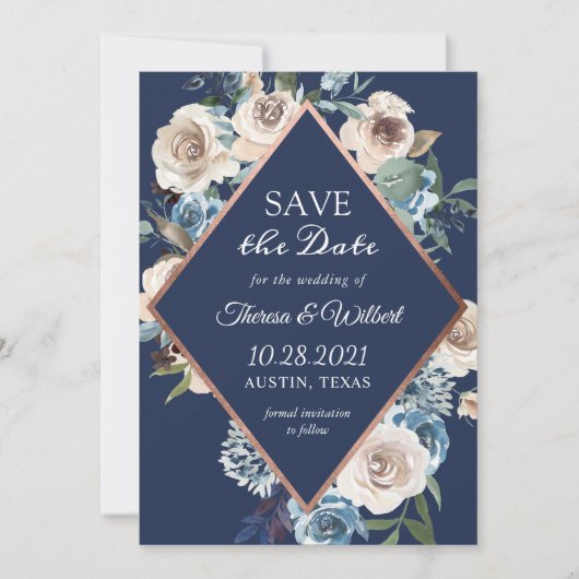 Navy Blue Neutral Rustic Floral Roos Gold Wedding Save The Date (Voorkant)