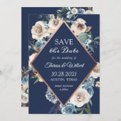 Navy Blue Neutral Rustic Floral Roos Gold Wedding Save The Date (Voorkant / Achterkant)
