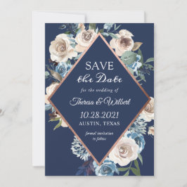 Navy Blue Neutral Rustic Floral Roos Gold Wedding Save The Date
