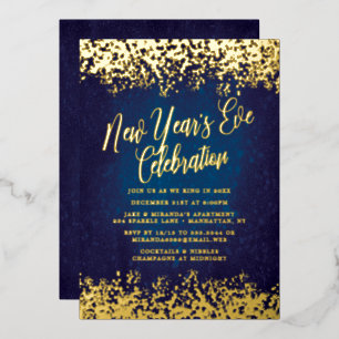 Navy Blue New Year's Eve Party Gold Confetti Folie Uitnodiging