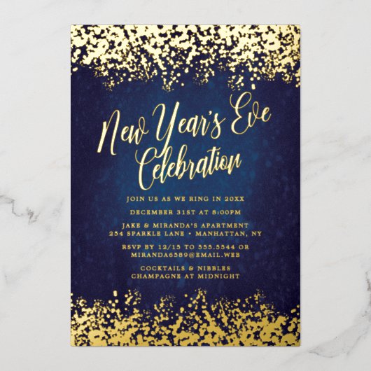 Navy Blue New Year's Eve Party Gold Confetti Folie Uitnodiging (Voorkant)