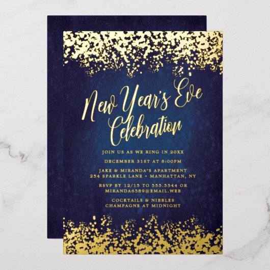 Navy Blue New Year's Eve Party Gold Confetti Folie Uitnodiging (Voorkant / Achterkant)