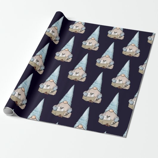 Navy Blue Nordic Snow Gnome Kerstfeestdag Cadeaupapier (Uitgerold)