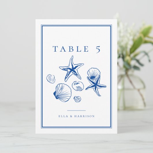 Navy Blue Ocean Zee Shell Trouwtafel Nummers Kaart (Staand voorkant)