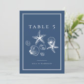 Navy Blue Ocean Zee Shell Trouwtafel Nummers Kaart (Staand voorkant)