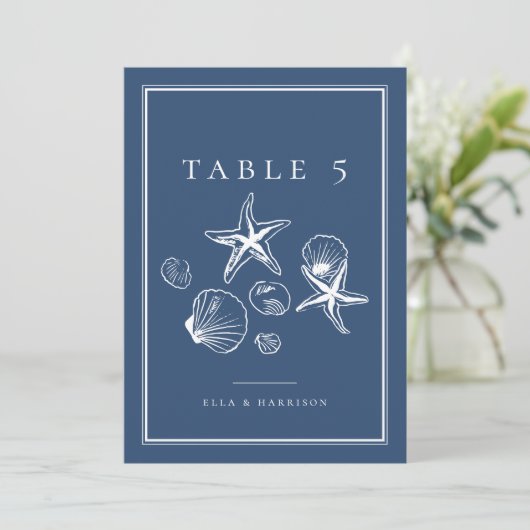 Navy Blue Ocean Zee Shell Trouwtafel Nummers Kaart (Staand voorkant)