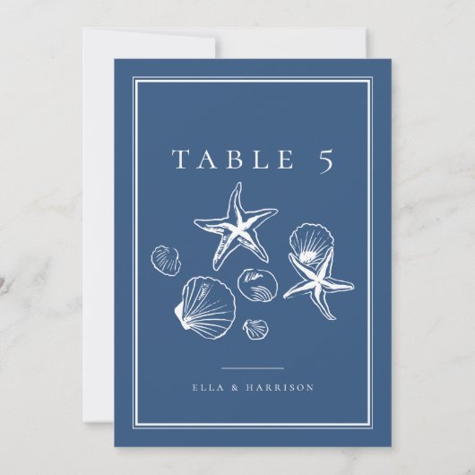 Navy Blue Ocean Zee Shell Trouwtafel Nummers Kaart (Achterkant)