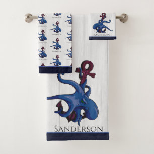 Navy Blue Octopus Coastal White Wood Nautical Ba Bad Handdoek
