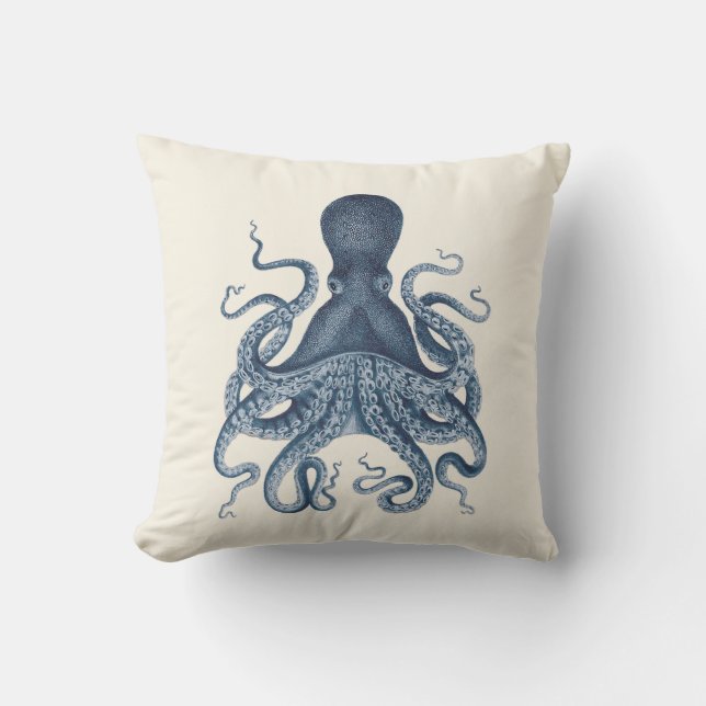 Navy Blue Octopus Illustratie op Cream Buitenkussen (Voorkant)