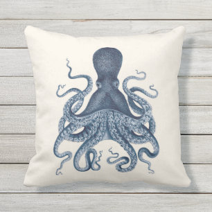 Navy Blue Octopus Illustratie op Cream Buitenkussen