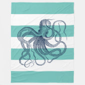 Navy-blue octopus op witte strepen en turquoise fleece deken (Voorkant)