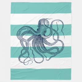 Navy-blue octopus op witte strepen en turquoise fleece deken