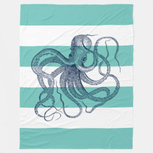 Navy-blue octopus op witte strepen en turquoise fleece deken