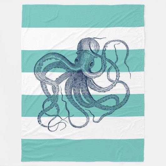 Navy-blue octopus op witte strepen en turquoise fleece deken (Voorkant)
