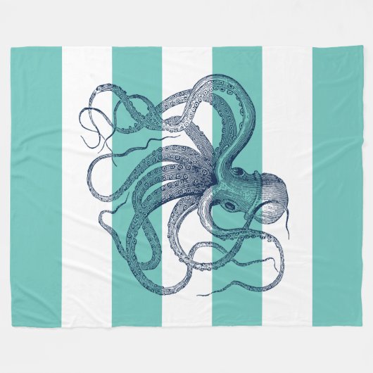 Navy-blue octopus op witte strepen en turquoise fleece deken (Voorkant (Horizontaal))