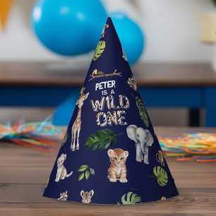 Navy Blue Oerwoud Animals Wild Eén 1e verjaardag Feesthoedjes