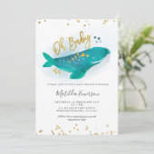 Navy Blue Oh Baby Whale Baby shower Invitation Kaart (Staand voorkant)
