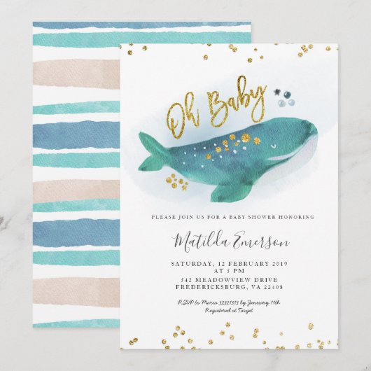 Navy Blue Oh Baby Whale Baby shower Invitation Kaart (Voorkant / Achterkant)