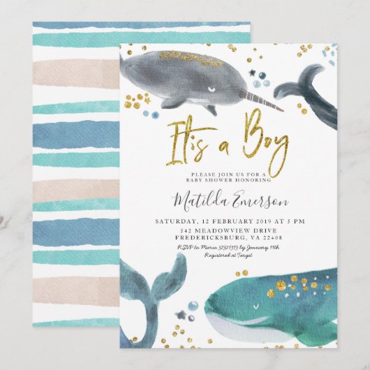 Navy Blue Oh Baby Whale Baby shower Invitation Kaart (Voorkant / Achterkant)