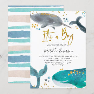 Navy Blue Oh Baby Whale Baby shower Invitation Kaart