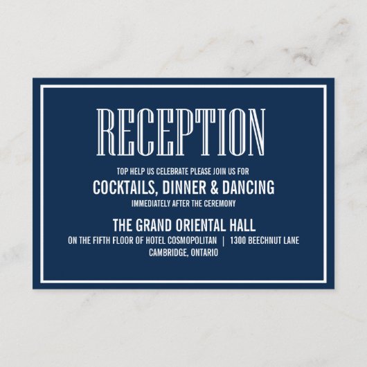 Navy Blue Old Fashion Typography Reception Kaart (Achterkant)
