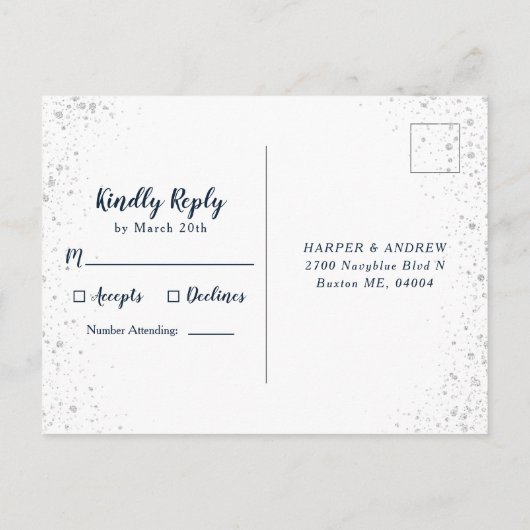 Navy Blue Ombre Zilveren Glitter Bruiloft RSVP Uitnodiging Briefkaart (Achterkant)
