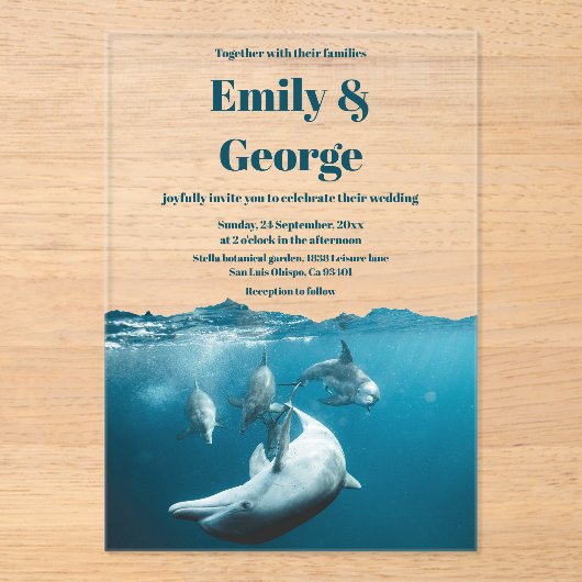 Navy Blue Onder het Zee Dolfijnen Kustbruiloft Acryl Uitnodigingen (Voorkant)