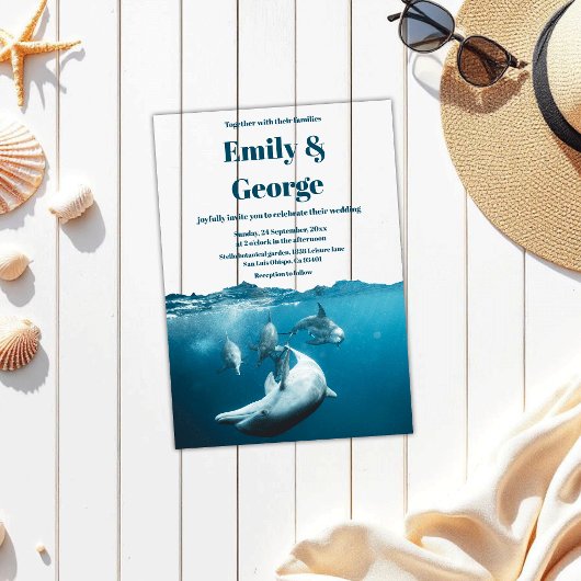 Navy Blue Onder het Zee Dolfijnen Kustbruiloft Acryl Uitnodigingen