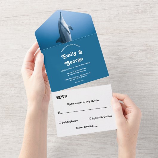 Navy Blue, onder het Zee dolfijnenkusthuwelijk All In One Uitnodiging (Afscheurbaar)