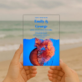 Navy Blue Onder het Zee Jellyfish Kustbruiloft Acryl Uitnodigingen