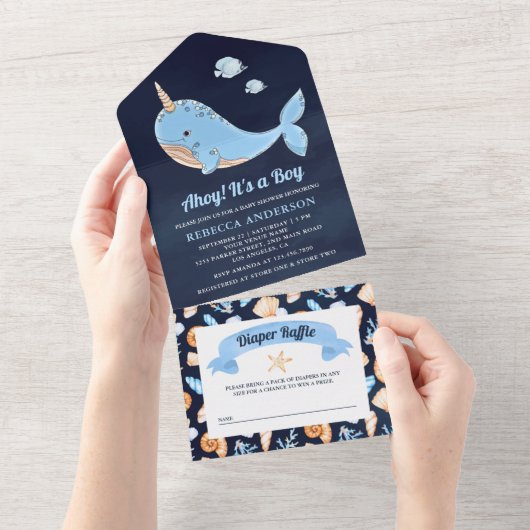 Navy Blue onder het Zee Narwhal Baby shower All In One Uitnodiging (Afscheurbaar)
