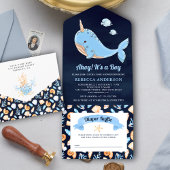 Navy Blue onder het Zee Narwhal Baby shower All In One Uitnodiging