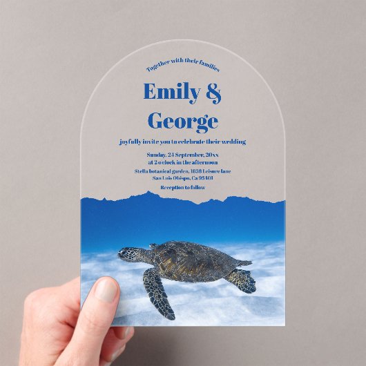 Navy Blue Onder het Zee Schildpad Kustbruiloft Acryl Uitnodigingen (Insitu (Draagbaar))